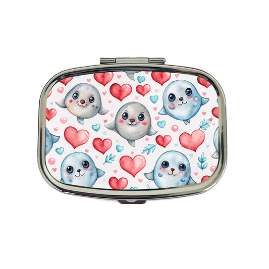 Cute Seals Hearts Watercolor Travel Pill Box Case