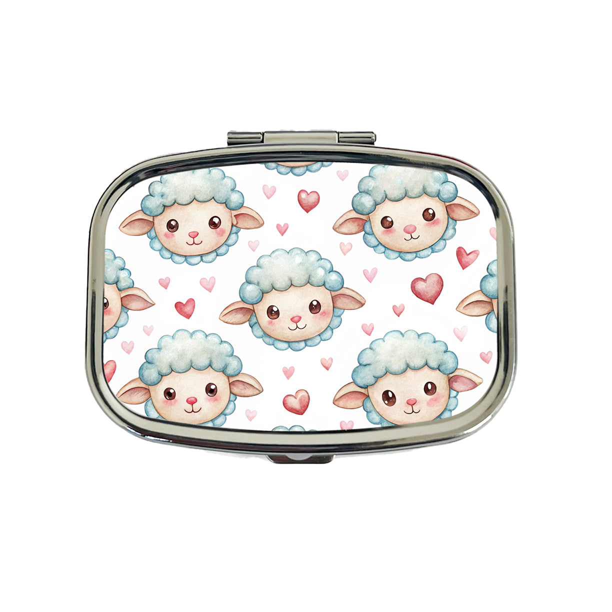 Cute Sheep Faces Hearts Watercolor Travel Pill Box Case