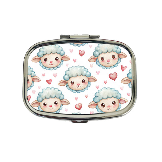 Cute Sheep Faces Hearts Watercolor Travel Pill Box Case