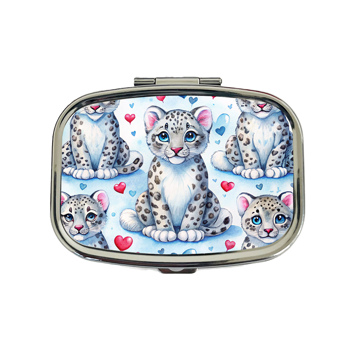 Cute Snow Leopard Hearts Watercolor Travel Pill Box Case