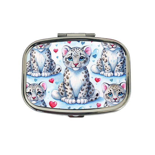 Cute Snow Leopard Hearts Watercolor Travel Pill Box Case