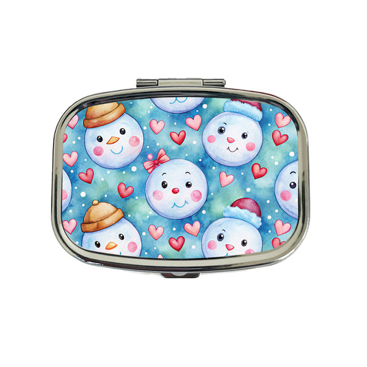 Cute Snowman Faces Hearts Winter Travel Pill Box Case