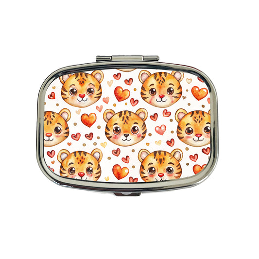 Cute Tiger Faces Hearts Watercolor Travel Pill Box Case