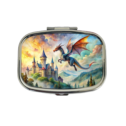 Dragon Flying Over Castle Watercolor Fantasy Travel Pill Box Case