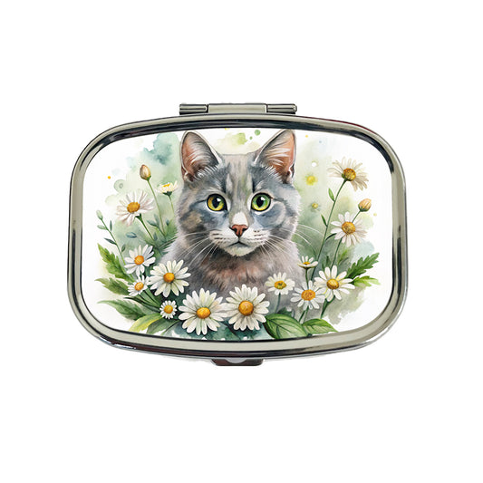 Gray Cat Watercolor Design With Daisies Travel Pill Box Case