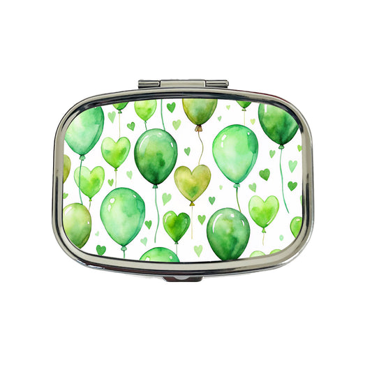 Green Balloons Hearts Watercolor Birthday Travel Pill Box Case
