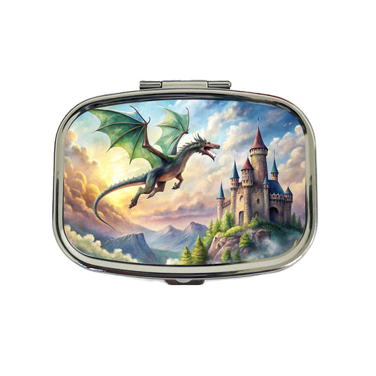 Green Dragon Flying Over Castle Watercolor Fantasy Travel Pill Box Case