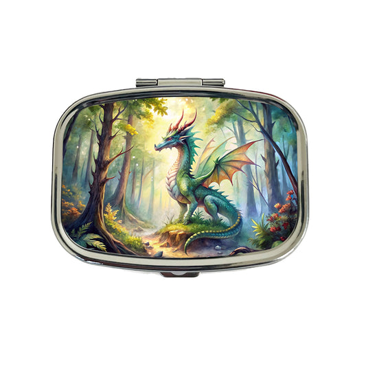 Green Dragon In Forest Watercolor Fantasy Travel Pill Box Case