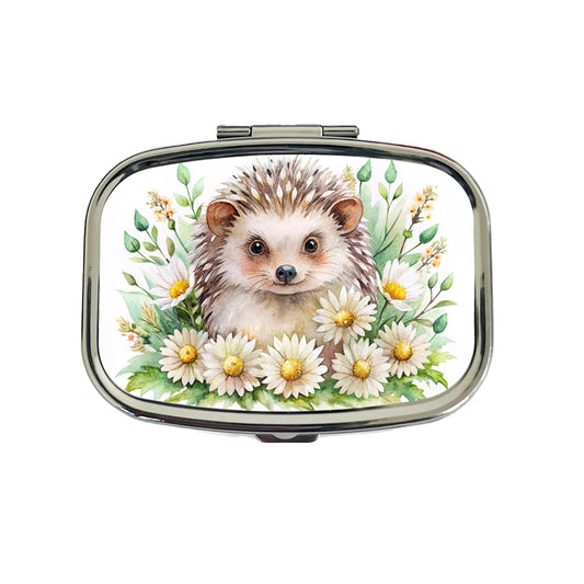Hedgehog Watercolor Design With Daisies Travel Pill Box Case