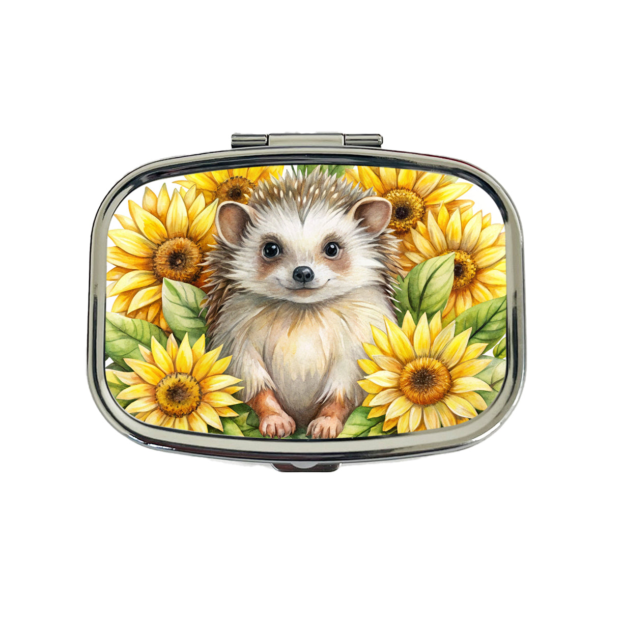 Hedgehog Watercolor Design With Sunflowers Travel Pill Box Case