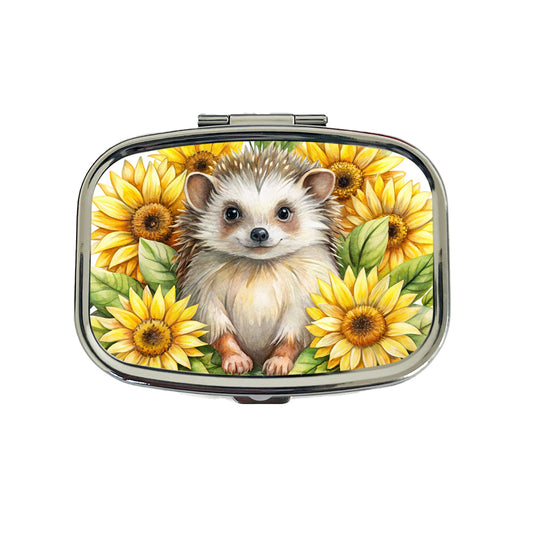 Hedgehog Watercolor Design With Sunflowers Travel Pill Box Case