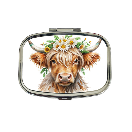 Highland Cow Watercolor Design With Daisies Travel Pill Box Case