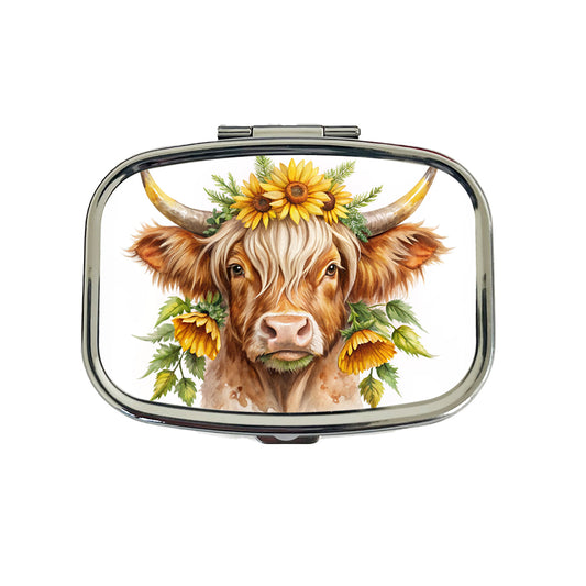 Highland Cow Watercolor Design With Sunflowers Travel Pill Box Case