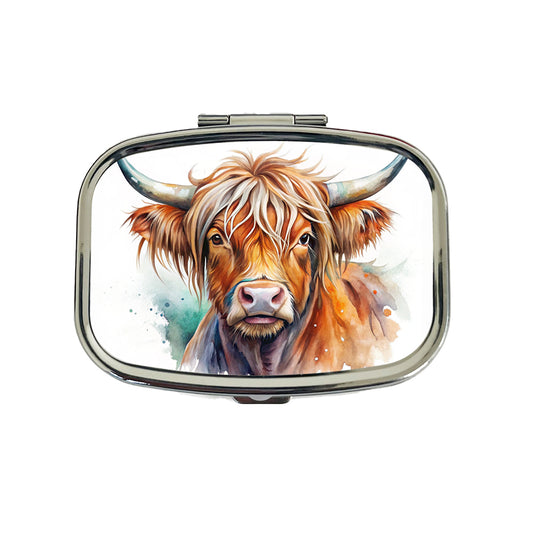 Highland Cow Watercolor Design Travel Pill Box Case