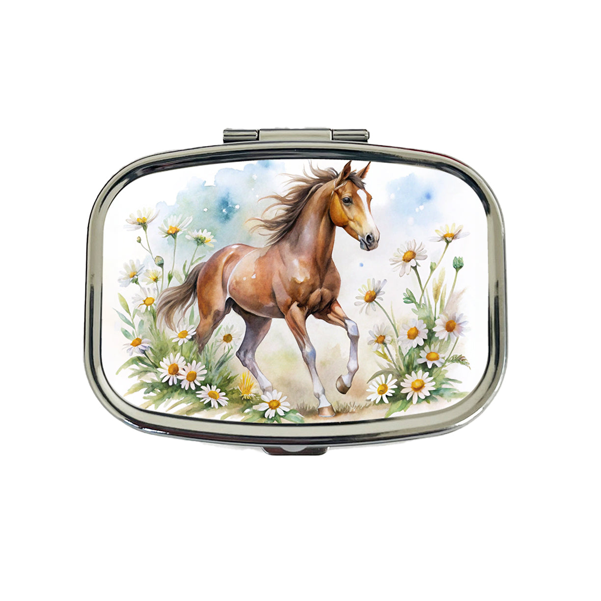 Horse Watercolor Design With Daisies Travel Pill Box Case