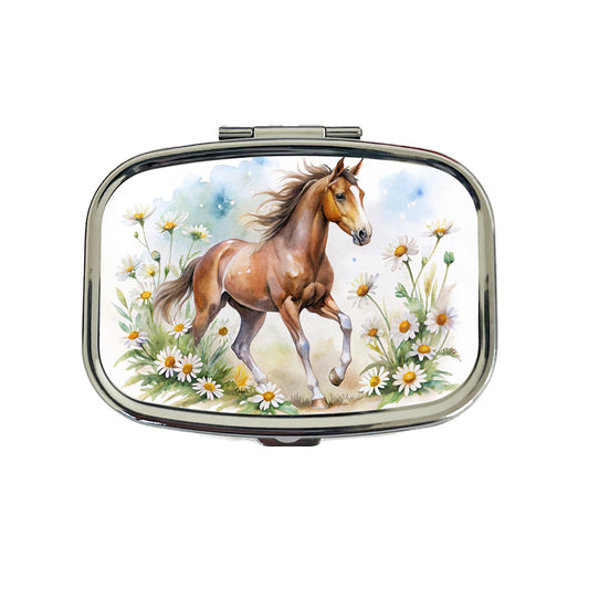 Horse Watercolor Design With Daisies Travel Pill Box Case
