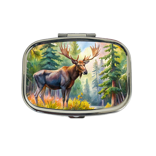 Moose In Forest Watercolor Travel Pill Box Case