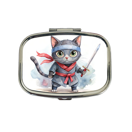 Ninja Cat Watercolor Travel Pill Box Case
