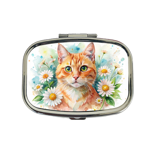 Orange Cat Watercolor Design With Daisies Travel Pill Box Case