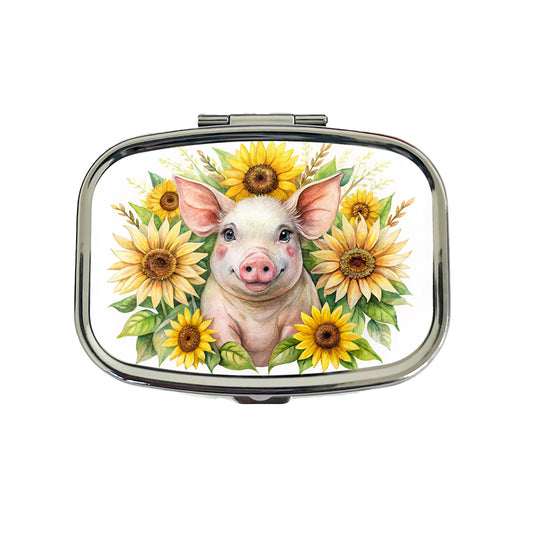 Pig In Sunflowers Watercolor Design Travel Pill Box Case
