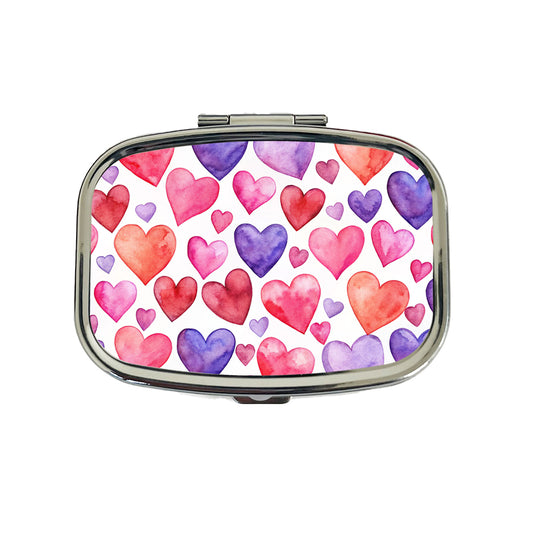 Pink Red Purple Hearts Watercolor Travel Pill Box Case