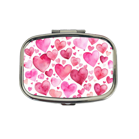 Pink Scattered Hearts Love Valentines Anniversary Watercolor Travel Pill Box Case