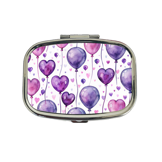 Purple Balloons Hearts Watercolor Birthday Travel Pill Box Case