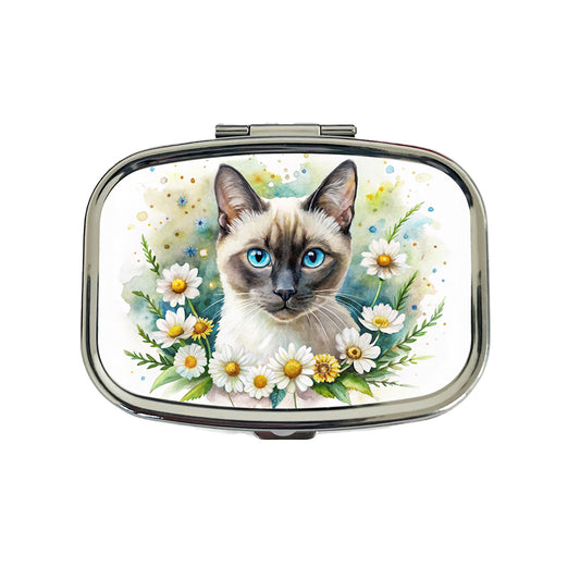 Siamese Cat Watercolor Design With Daisies Travel Pill Box Case