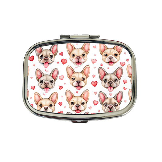 Smiling Cute French Bulldog Dog Faces Hearts Travel Pill Box Case