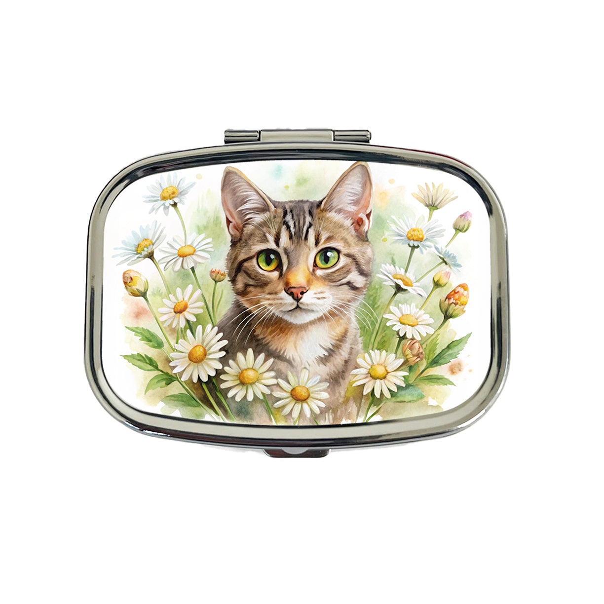 Tabby Cat Watercolor Design With Daisies Travel Pill Box Case