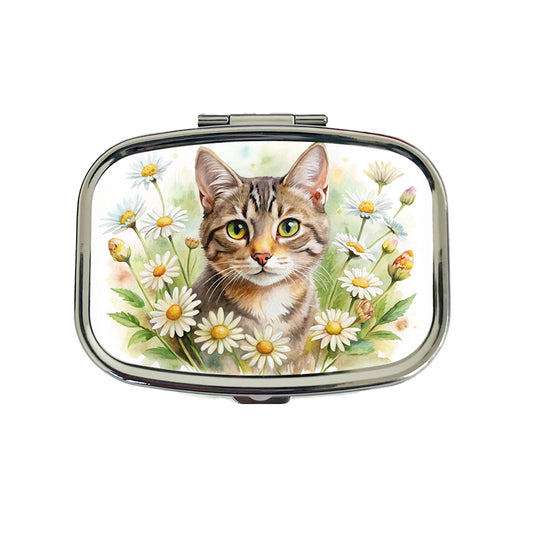 Tabby Cat Watercolor Design With Daisies Travel Pill Box Case