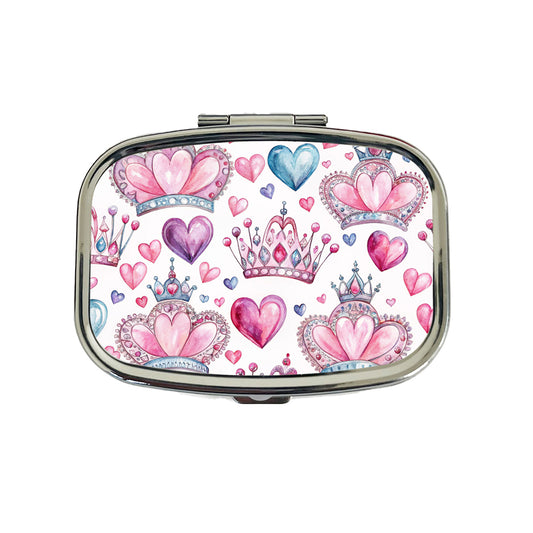 Tiaras Crowns Royalty Hearts Watercolor Travel Pill Box Case