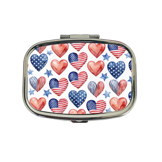 USA American Flags Hearts 4th of July Patriotic Watercolor Travel Pill Box Case