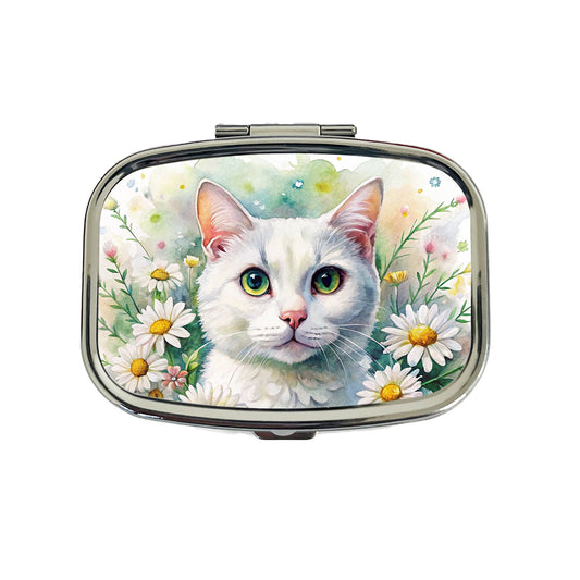 White Cat Watercolor Design With Daisies Travel Pill Box Case