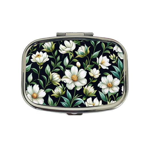 White Flowers Black Background Travel Pill Box Case