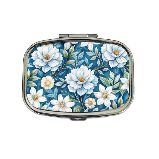 White Flowers Blue Background Travel Pill Box Case