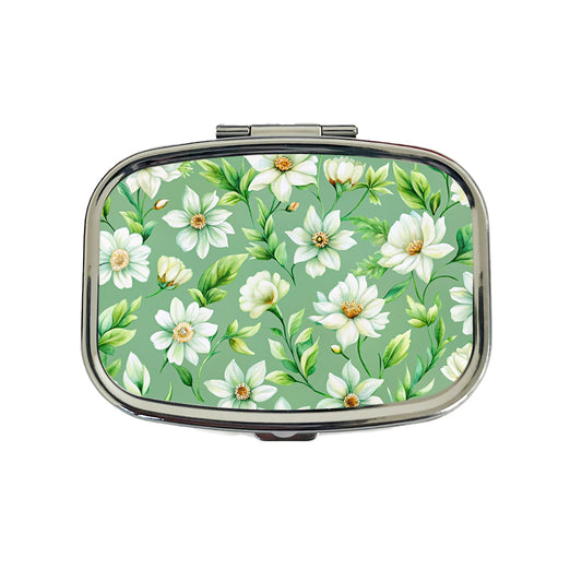 White Flowers Green Background Travel Pill Box Case