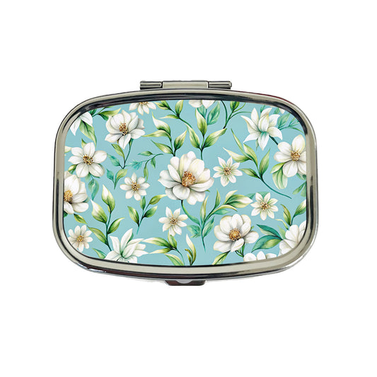 White Flowers Light Blue Background Travel Pill Box Case
