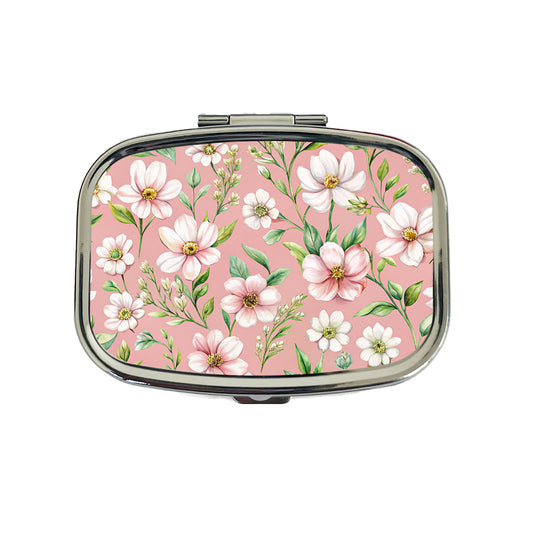 White Flowers Pink Background Travel Pill Box Case