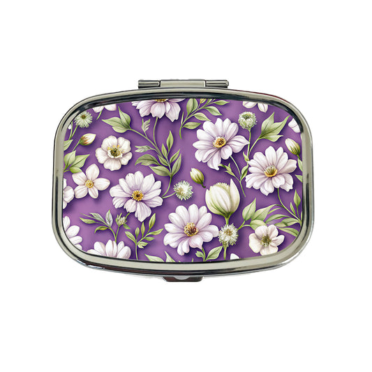 White Flowers Purple Background Travel Pill Box Case