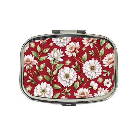 White Flowers Red Background Travel Pill Box Case