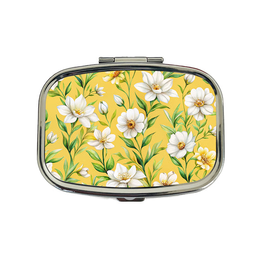 White Flowers Yellow Background Travel Pill Box Case