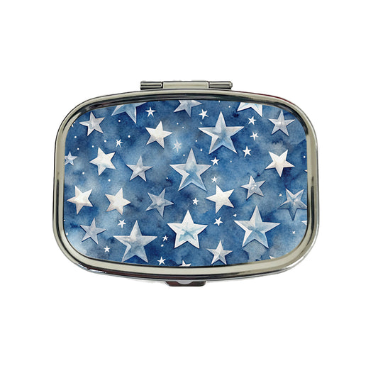 White Stars Blue Background Watercolor Travel Pill Box Case