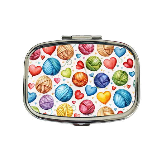 Yarn Knitting Crochet Balls Hearts Watercolor Travel Pill Box Case