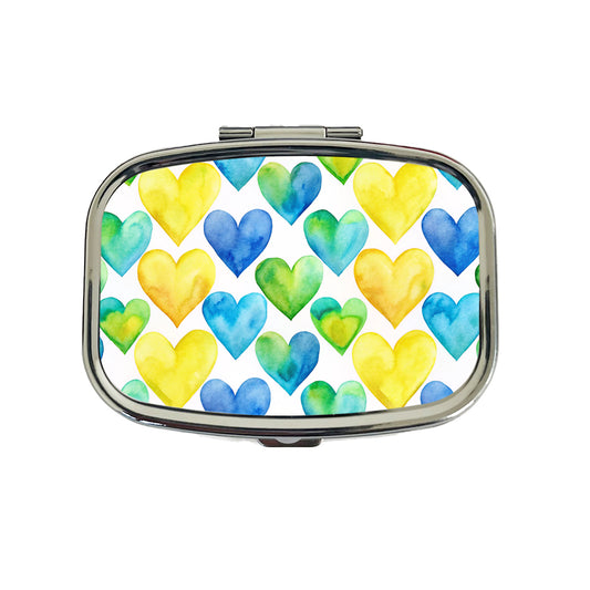 Yellow Blue Green Hearts Watercolor Travel Pill Box Case