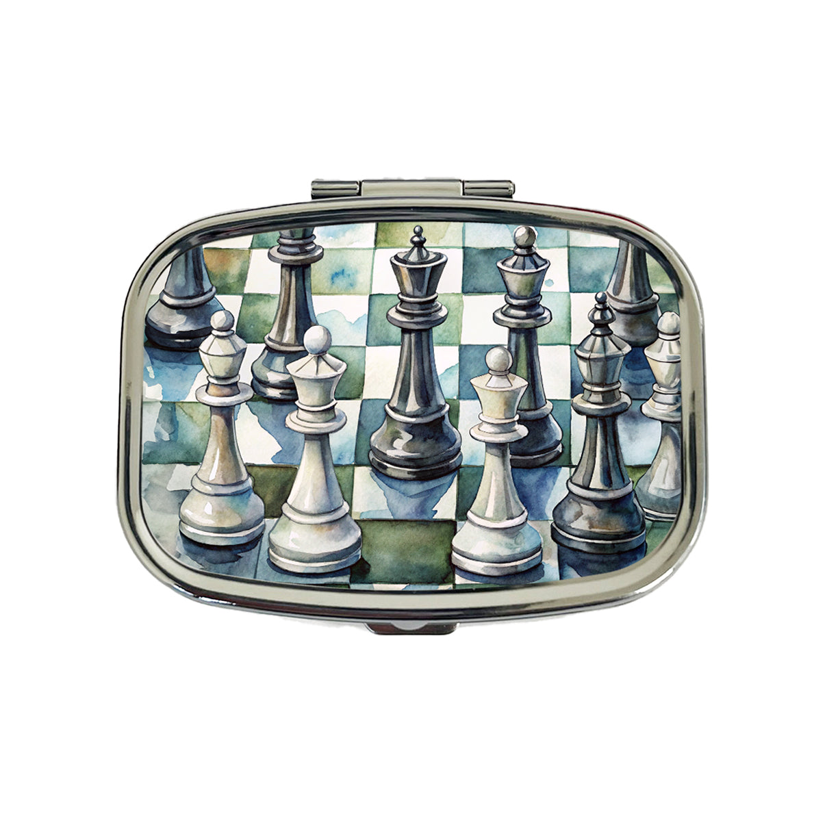 Black White Chess Pieces Watercolor Travel Pill Box Case