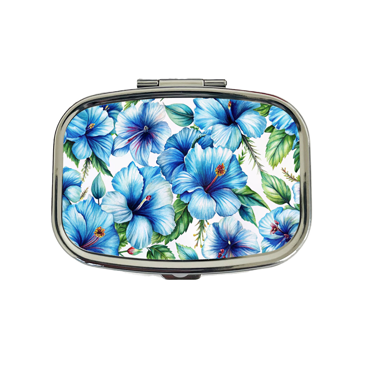 Blue Hibiscus Flowers Watercolor Travel Pill Box Case