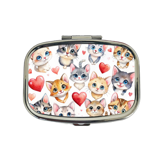 Cute Fun Cats Hearts Watercolor Travel Pill Box Case