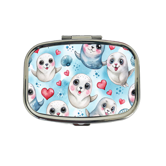 Cute Harp Seals And Hearts Watercolor Travel Pill Box Case