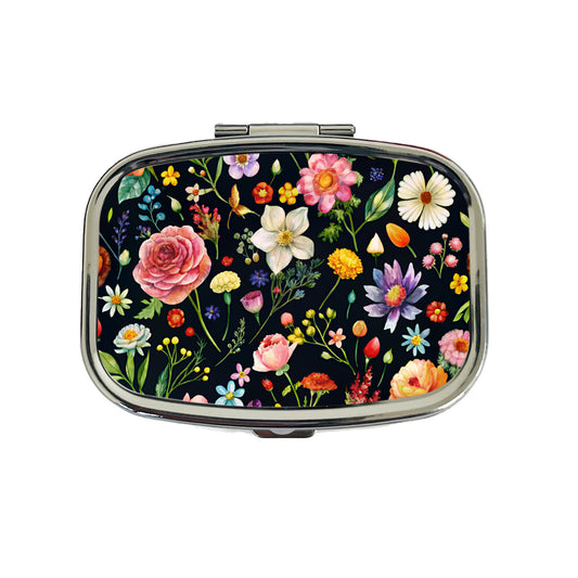 Flowers Black Background Watercolor Travel Pill Box Case